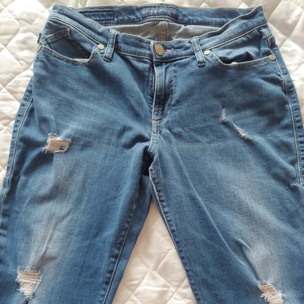 Rock & Republic Indee Boyfriend Jeans Women's 10 Destroyed Stretch Mid Rise - Picture 2 of 10